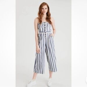 American Eagle Striped Blue & White Wide-Leg Jumpsuit
